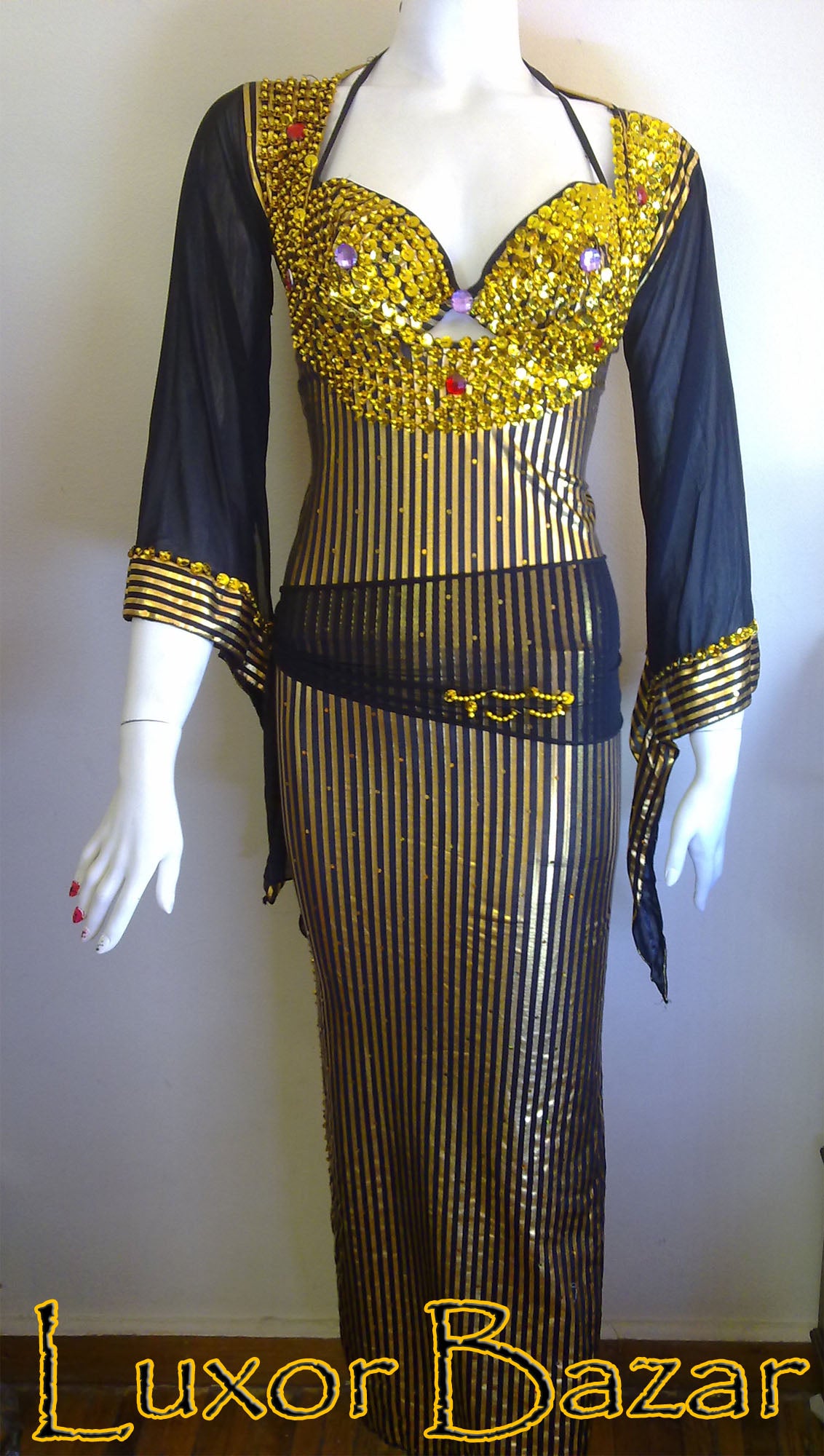 Egyptian Belly Dance Costume Saidi Dress, Baladi Galabia, Fallahi Abaya, gypsy dance outfit with bra and hip scarf