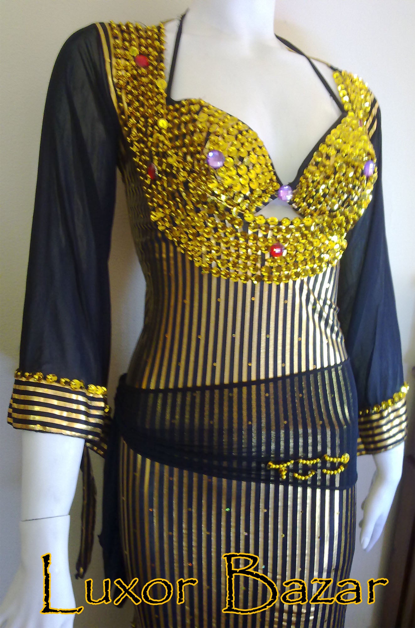 Egyptian Belly Dance Costume Saidi Dress, Baladi Galabia, Fallahi Abaya, gypsy dance outfit with bra and hip scarf