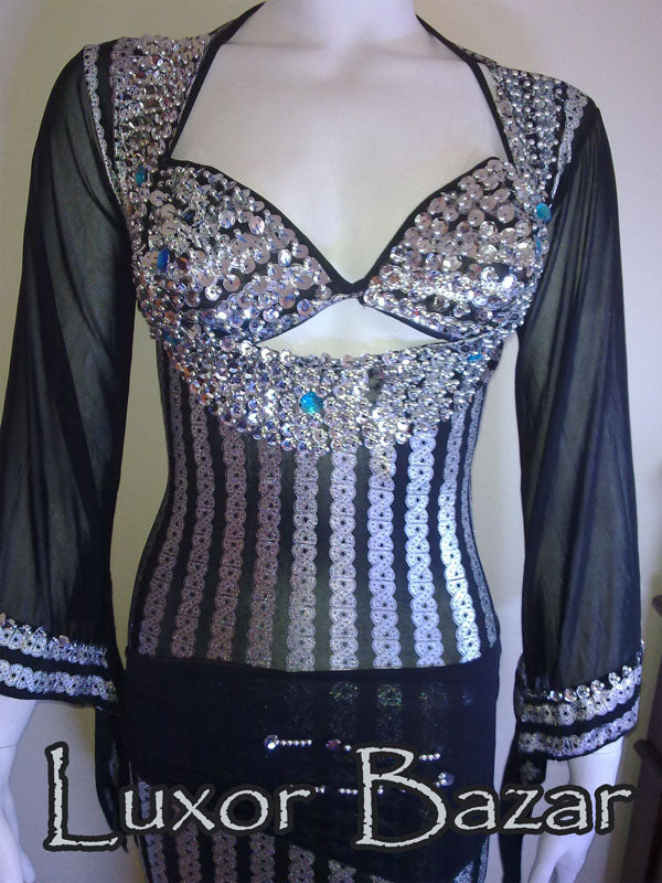 Egyptian Belly Dance Costume Saidi Dress, Baladi Galabia, Fallahi Abaya, gypsy dance outfit with bra and hip scarf