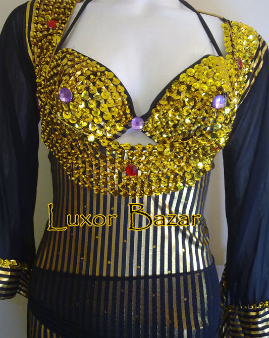 Egyptian Belly Dance Costume Saidi Dress, Baladi Galabia, Fallahi Abaya, gypsy dance outfit with bra and hip scarf