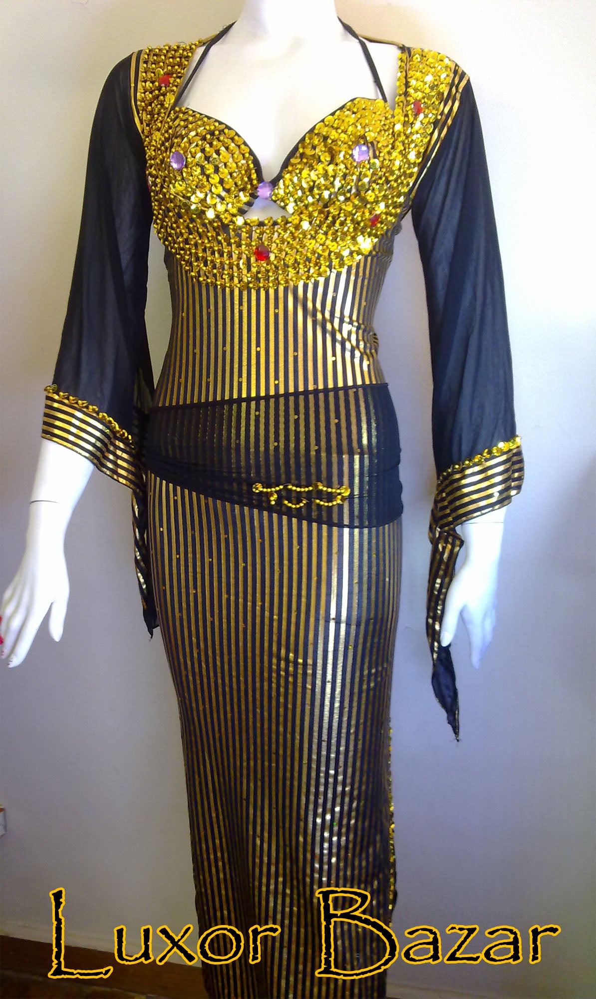 Egyptian Belly Dance Costume Saidi Dress, Baladi Galabia, Fallahi Abaya, gypsy dance outfit with bra and hip scarf