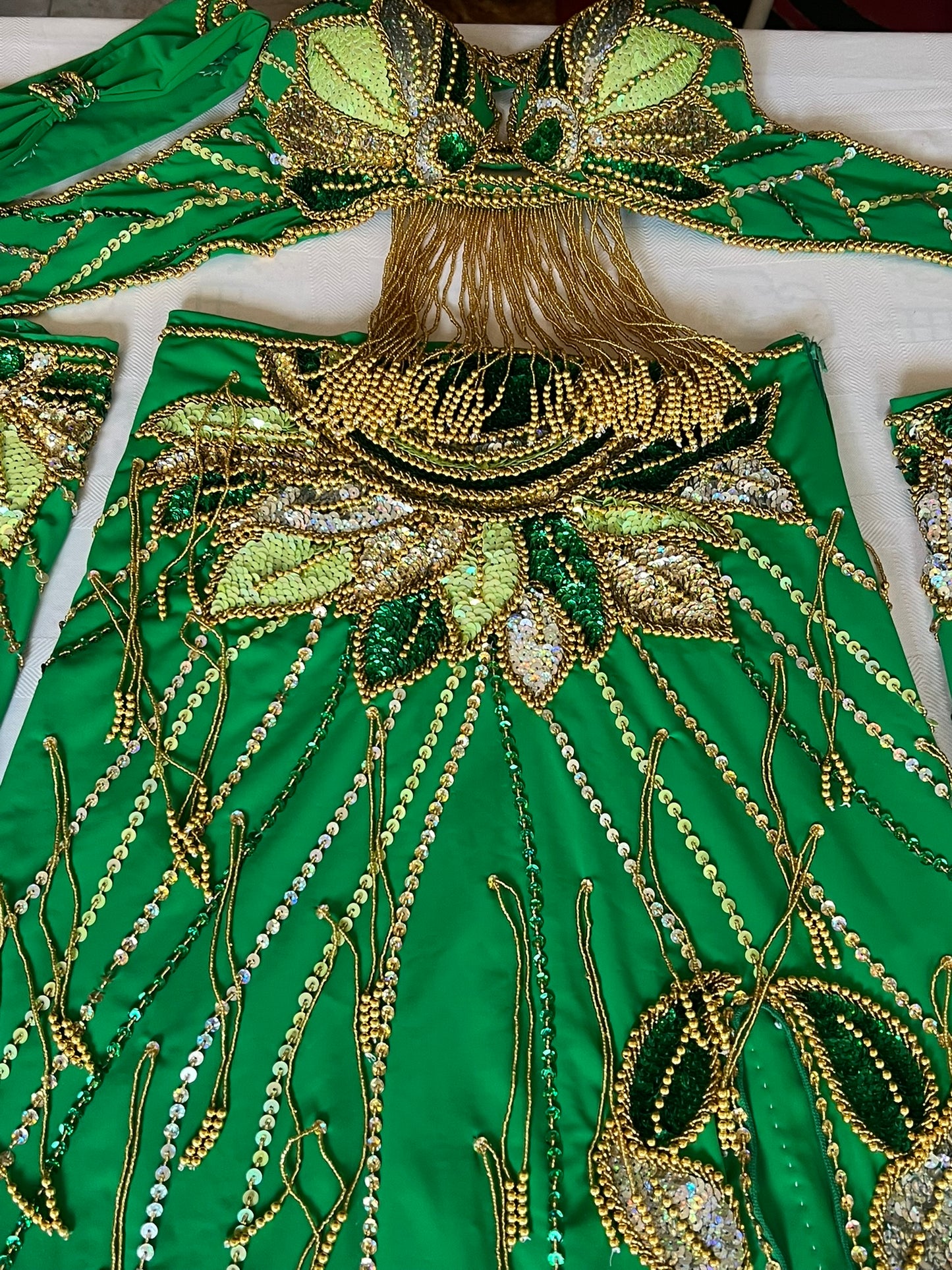 Vibrant green belly dance costume, custom-made belly dance outfit, multi-coloured beaded and sequined belly dance skirt, bra set