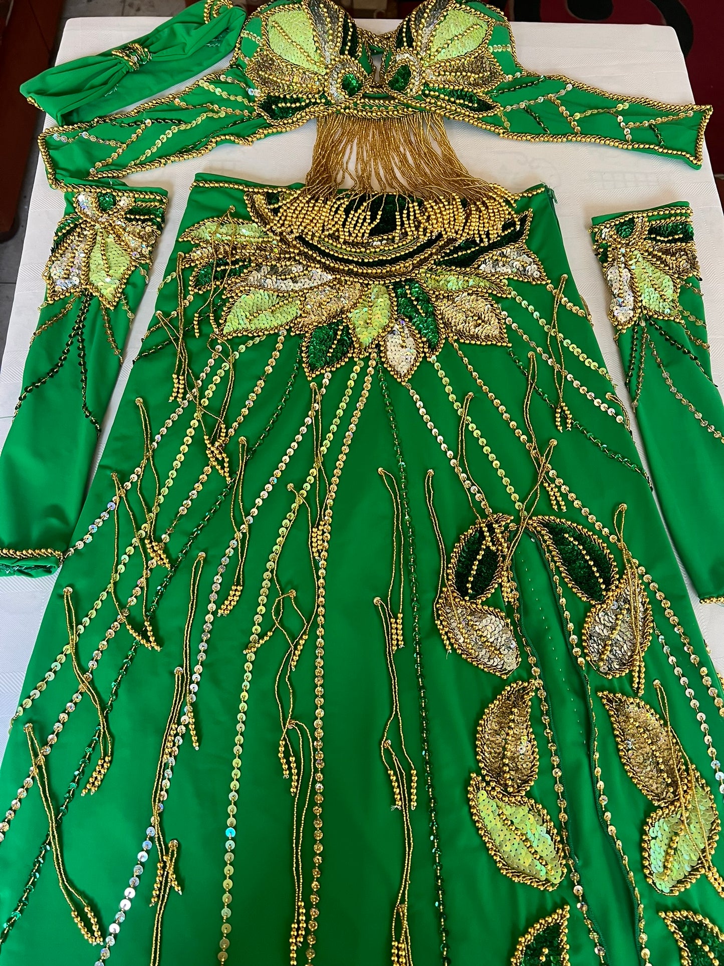 Vibrant green belly dance costume, custom-made belly dance outfit, multi-coloured beaded and sequined belly dance skirt, bra set