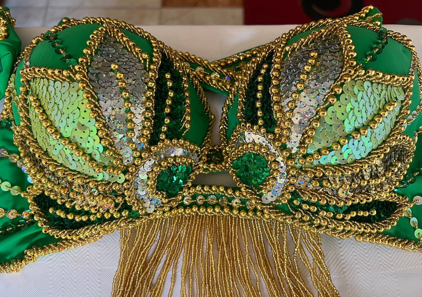 Vibrant green belly dance costume, custom-made belly dance outfit, multi-coloured beaded and sequined belly dance skirt, bra set