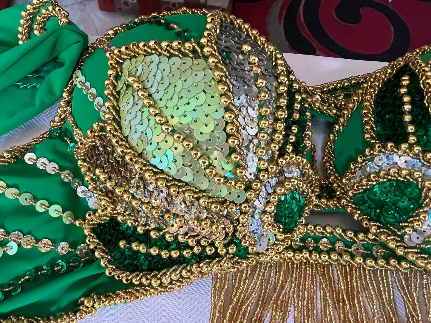 Vibrant green belly dance costume, custom-made belly dance outfit, multi-coloured beaded and sequined belly dance skirt, bra set