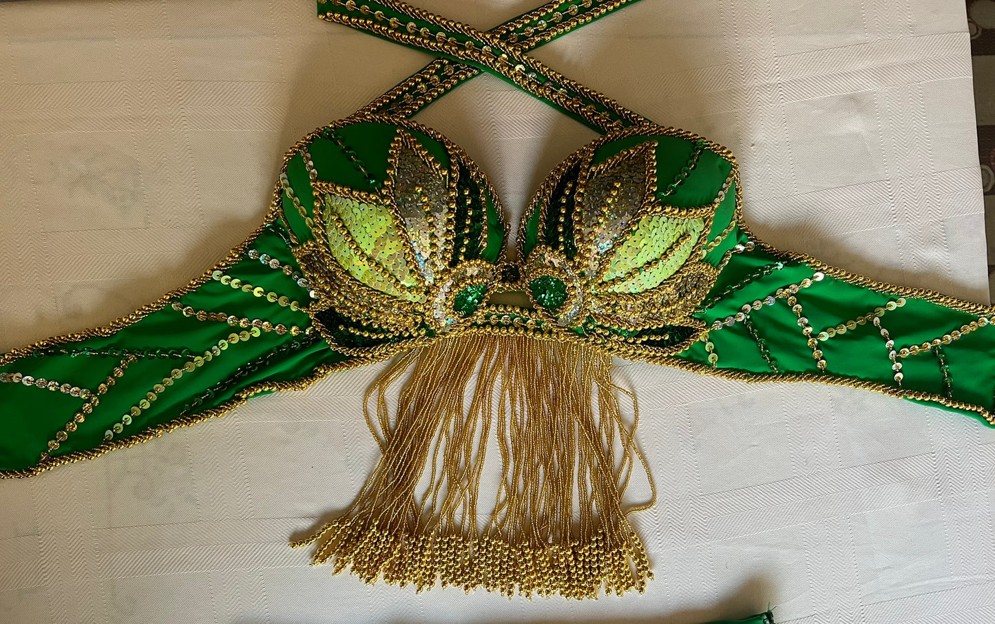 Vibrant green belly dance costume, custom-made belly dance outfit, multi-coloured beaded and sequined belly dance skirt, bra set