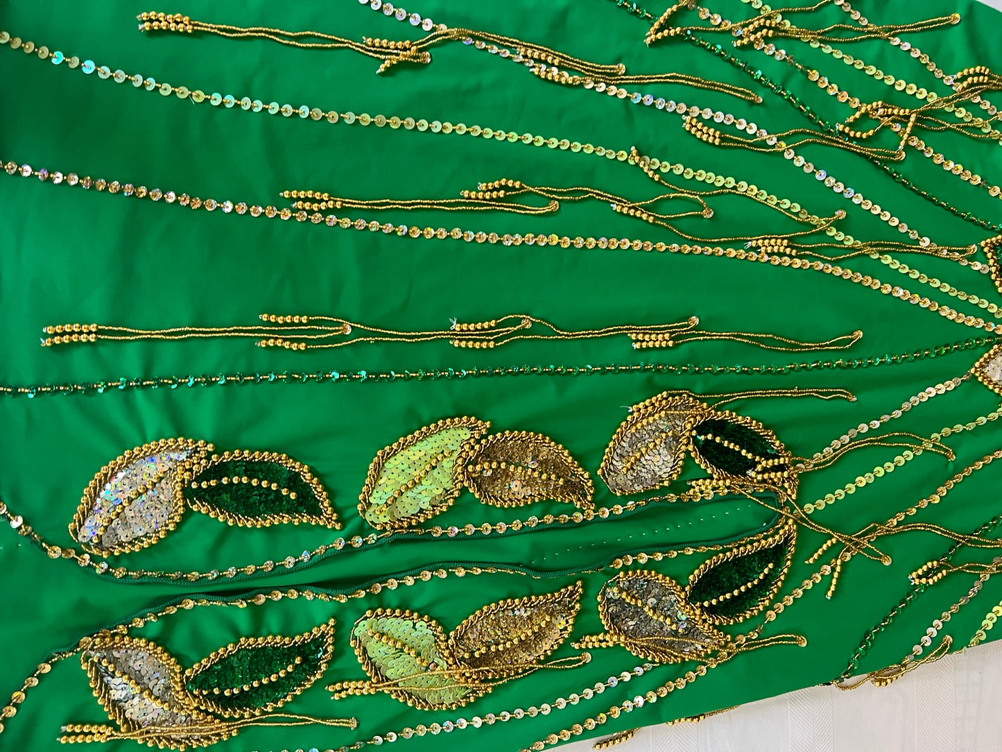 Vibrant green belly dance costume, custom-made belly dance outfit, multi-coloured beaded and sequined belly dance skirt, bra set